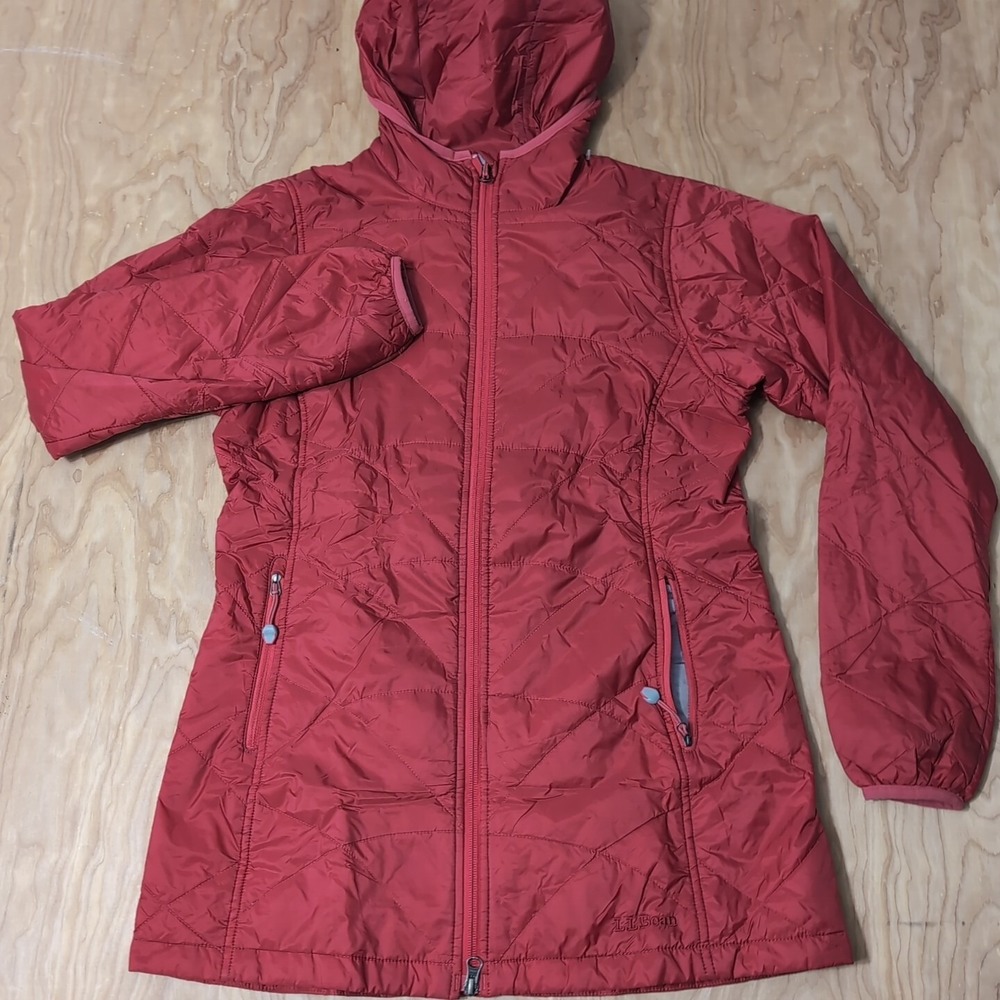 LL Bean Women Red Nylon Zip Hooded Long Coat Jacket Size S